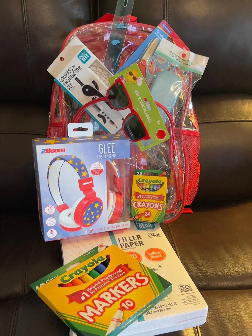 Crayola Clear Backpack with Red Accents and Assorted Art Supplies